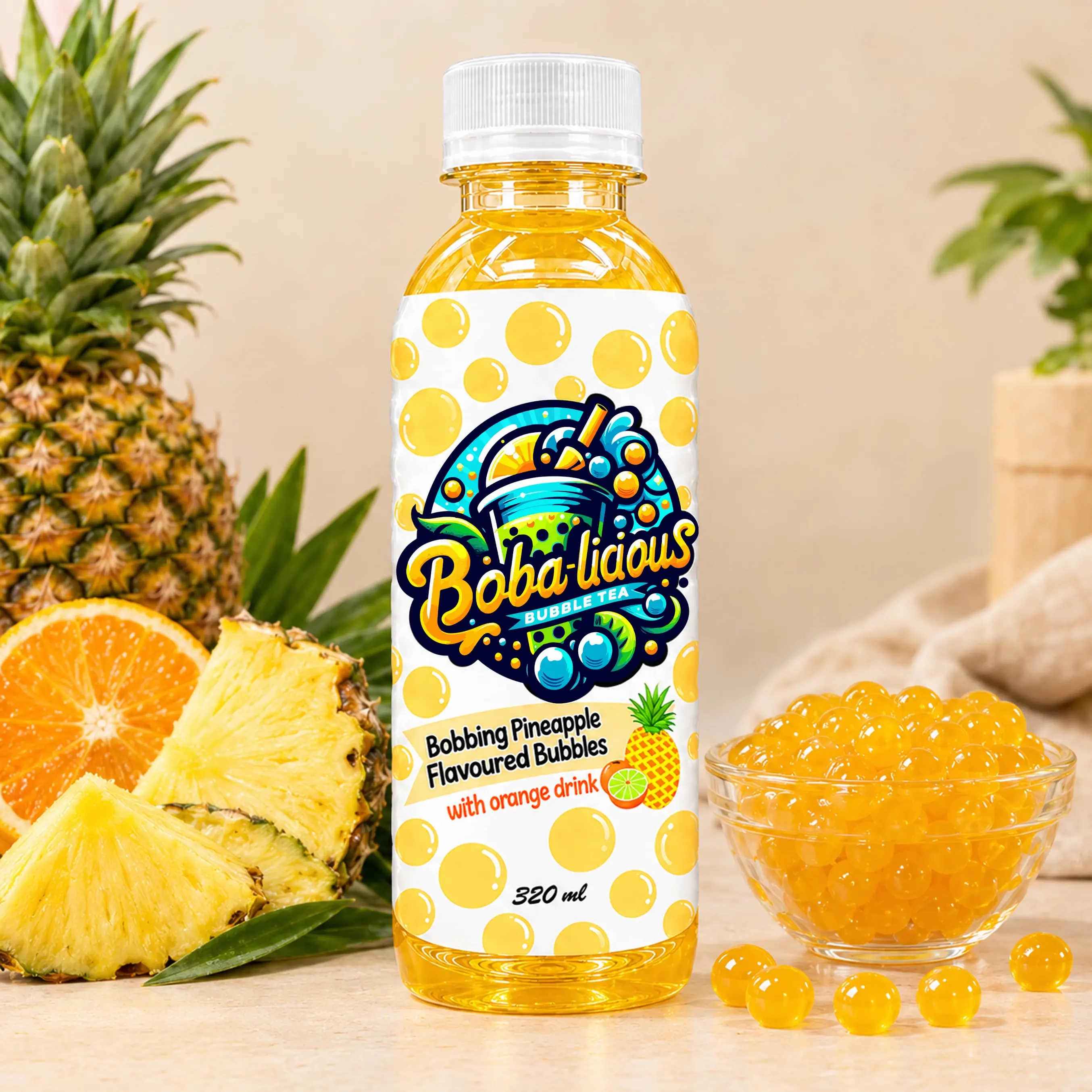 BUBBLE TEA Boba-licious 320 ml bottle with pineapple flavoured bubbles, orange drink, pineapple, orange and popping boba.